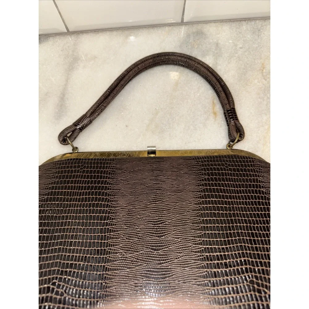 Vintage Dover Brown Faux Croc Reptile Purse Handbag Clamshell Gold HardwareGW997